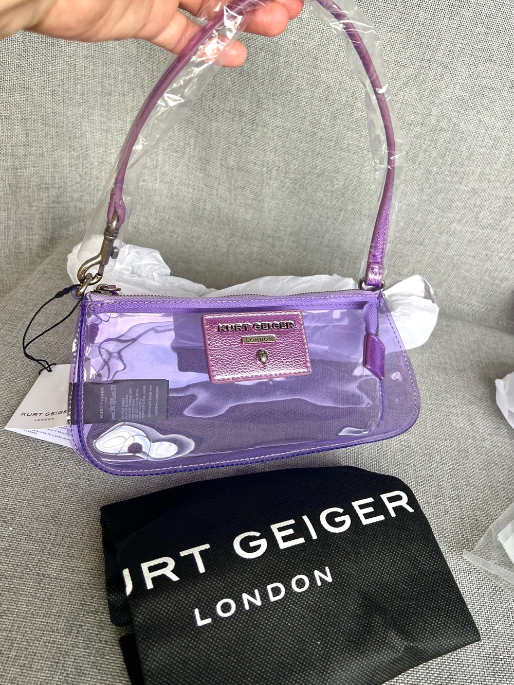 Kurt Geiger Highgate Convertible vinyl clear Wristlet Shoulder bag lavender - Picture 16 of 16